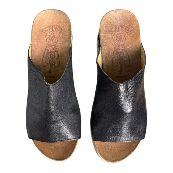 FLY London WIG Back Black Leather Open Toe Wedge Sandals Women’s 7.5 # 143672000 - Picture 2 of 12